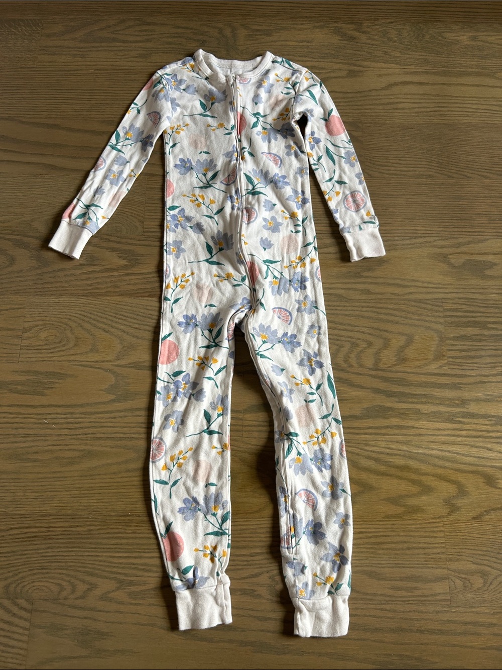 Old Navy White Floral Zip-Front One-Piece Pajama with Pink and Blue Accents